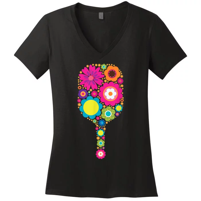 Pickleball Sports Racquet Racket Paddle Flowers Women Women's V-Neck T-Shirt