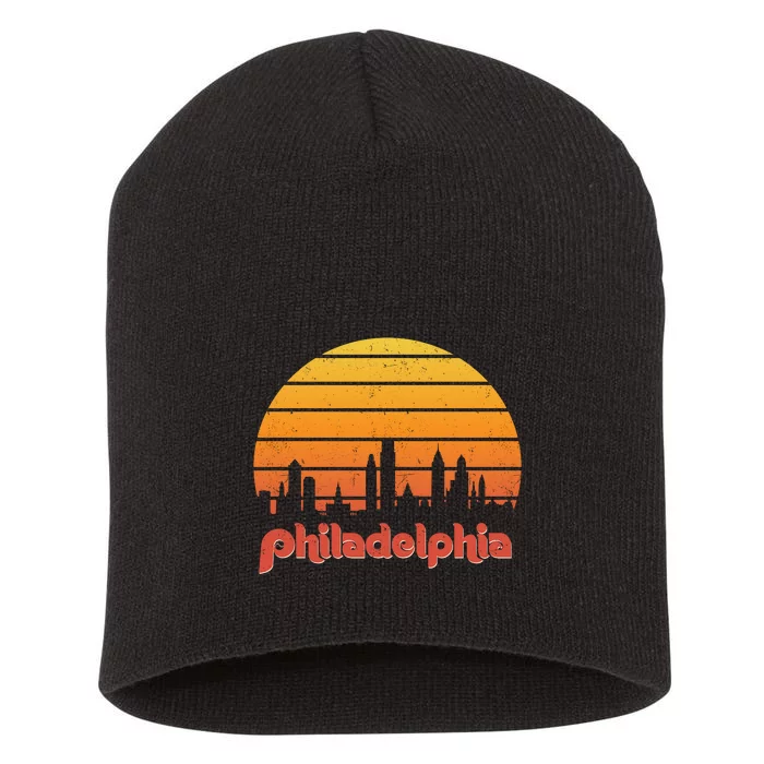 Philadelphia Skyline Retro Sunset Vintage Philly Short Acrylic Beanie