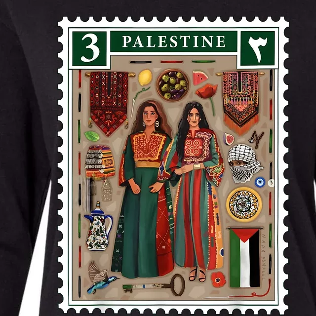 Palestine Stamp Retro Palestine Women Palestinian Flag Gaza Womens Cotton Relaxed Long Sleeve T-Shirt