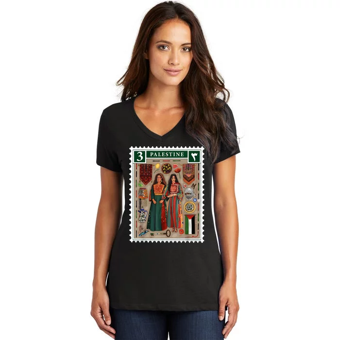 Palestine Stamp Retro Palestine Women Palestinian Flag Gaza Women's V-Neck T-Shirt