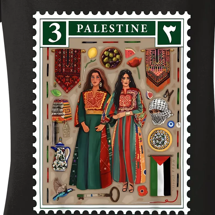 Palestine Stamp Retro Palestine Women Palestinian Flag Gaza Women's V-Neck T-Shirt