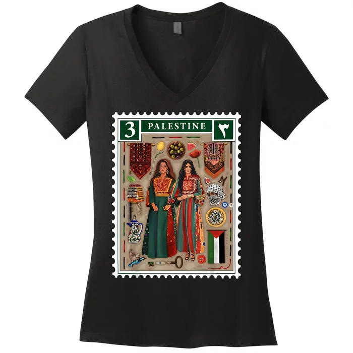 Palestine Stamp Retro Palestine Women Palestinian Flag Gaza Women's V-Neck T-Shirt