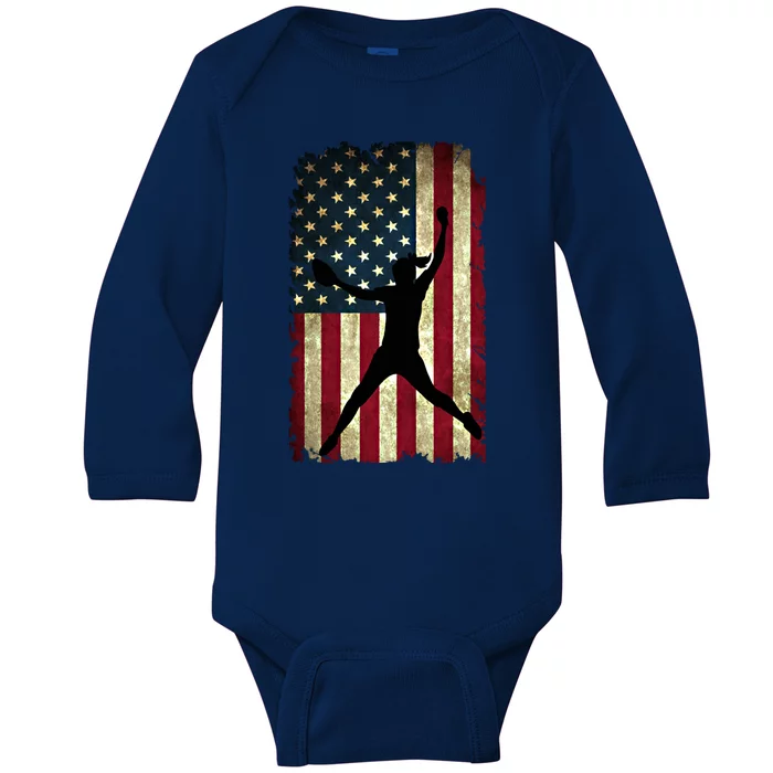 Pitcher Softball Stuff Usa Flag Cute Gift Softballism Gift Baby Long Sleeve Bodysuit