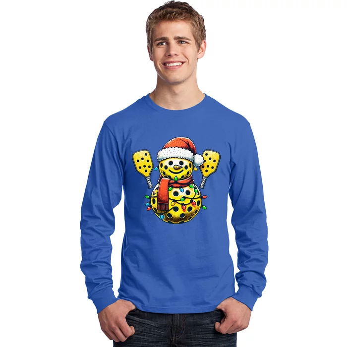 Pickleball Snowman Santa Hat Lights Christmas Pickleball Long Sleeve Shirt