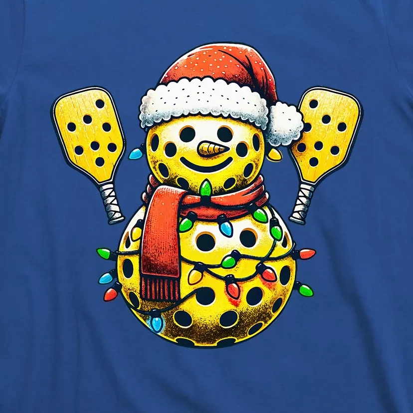 Pickleball Snowman Santa Hat Lights Christmas Pickleball T-Shirt