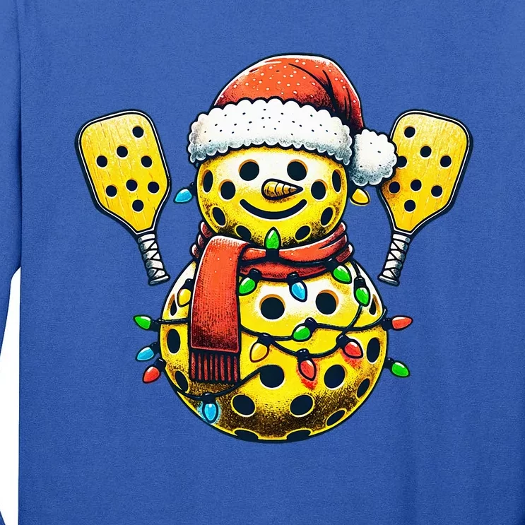 Pickleball Snowman Santa Hat Lights Christmas Pickleball Tall Long Sleeve T-Shirt