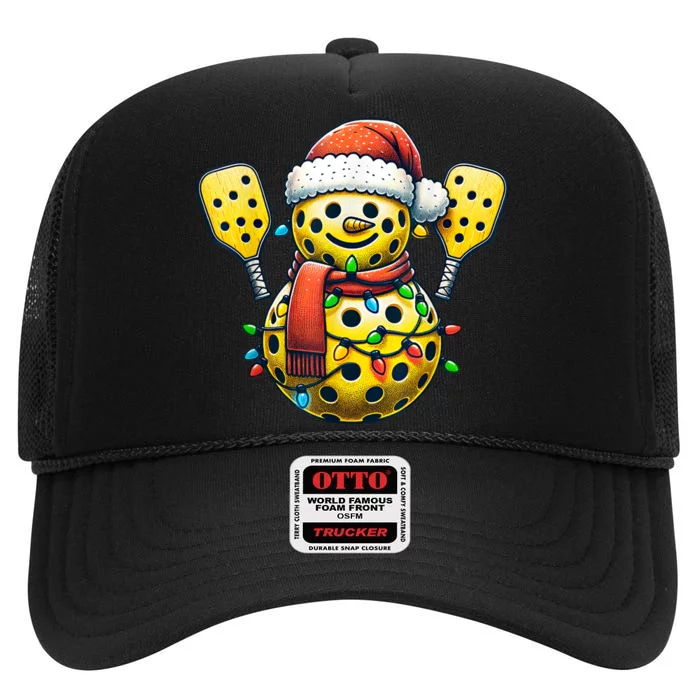 Pickleball Snowman Santa Hat Lights Christmas Pickleball High Crown Mesh Trucker Hat