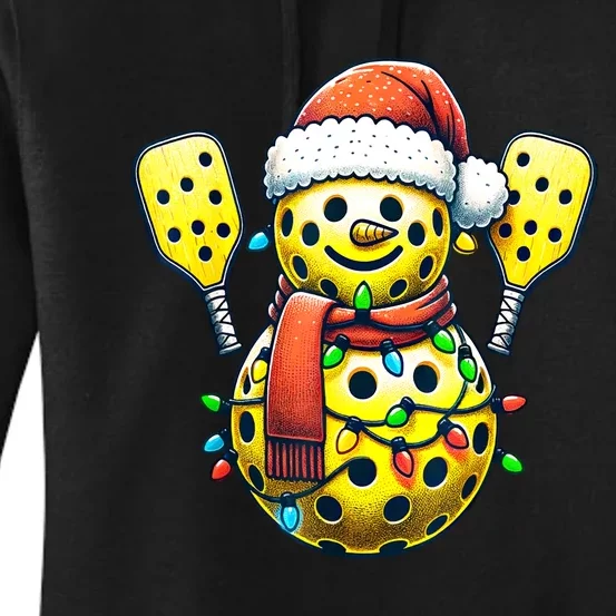 Pickleball Snowman Santa Hat Lights Christmas Pickleball Gift For Xmas Women's Pullover Hoodie