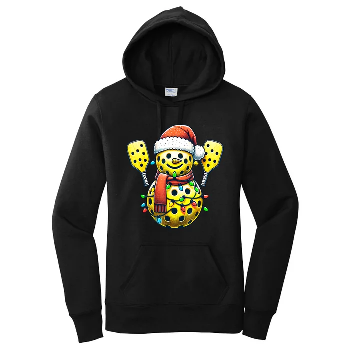 Pickleball Snowman Santa Hat Lights Christmas Pickleball Gift For Xmas Women's Pullover Hoodie