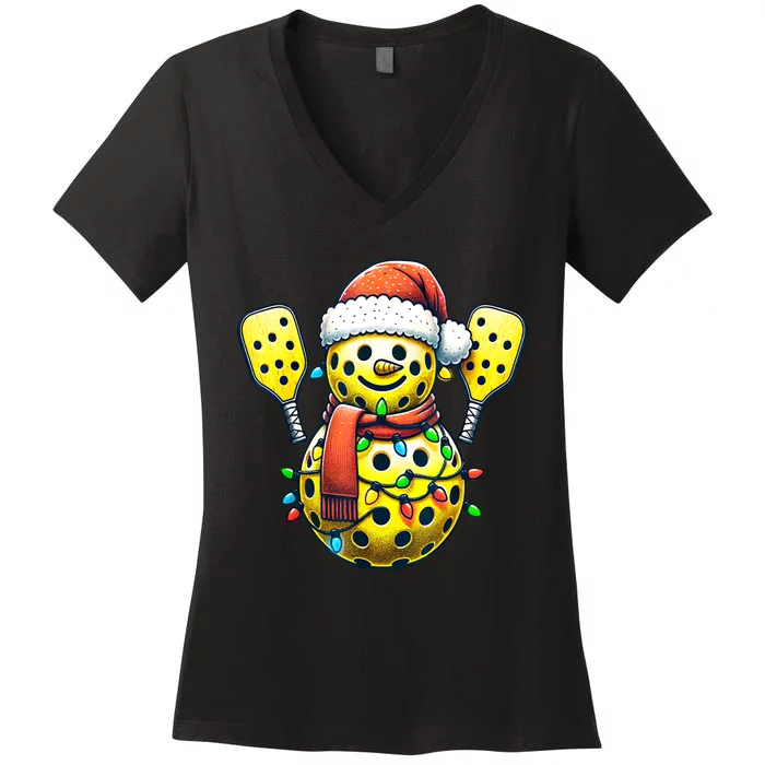 Pickleball Snowman Santa Hat Lights Christmas Pickleball Gift For Xmas Women's V-Neck T-Shirt