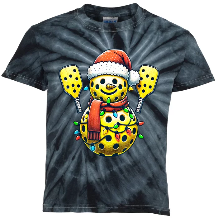 Pickleball Snowman Santa Hat Lights Christmas Pickleball Gift For Xmas Kids Tie-Dye T-Shirt