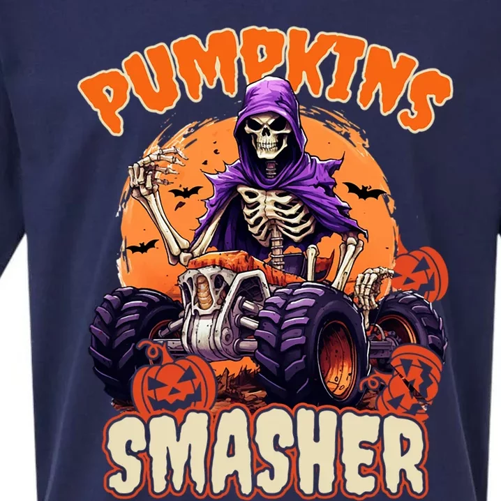 Pumpkins Smasher Skeleton Monster Truck Lover Gift Sueded Cloud Jersey T-Shirt