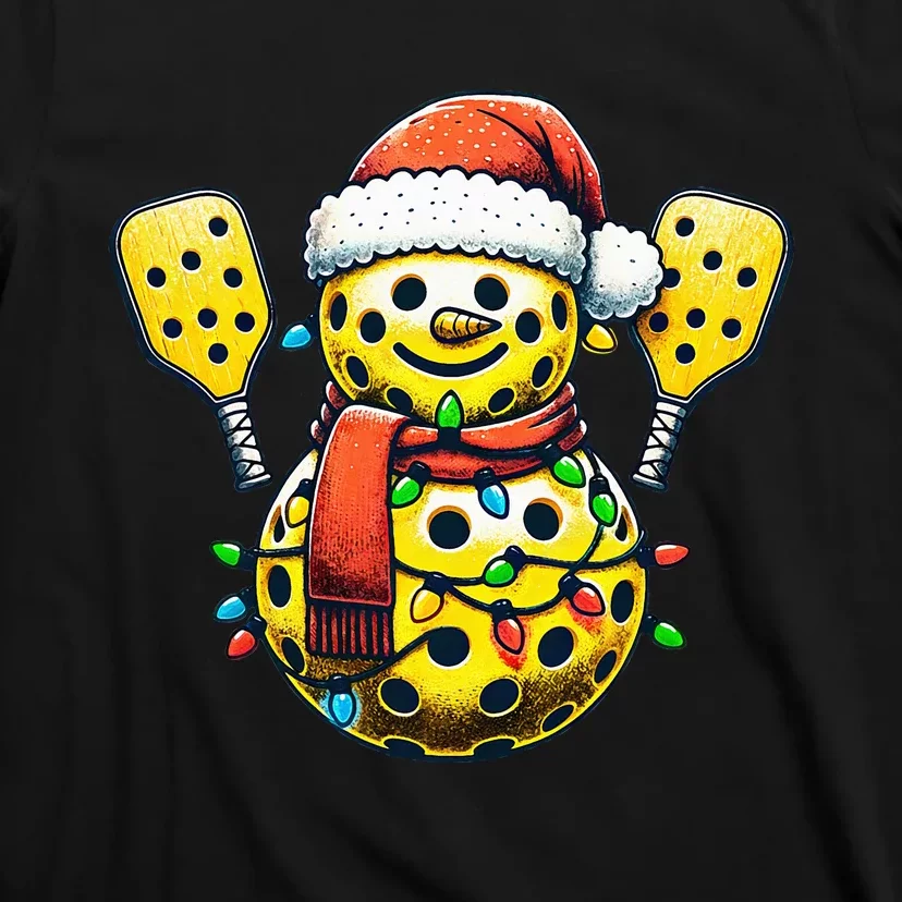 Pickleball Snowman Santa Hat Lights Christmas Pickleball T-Shirt