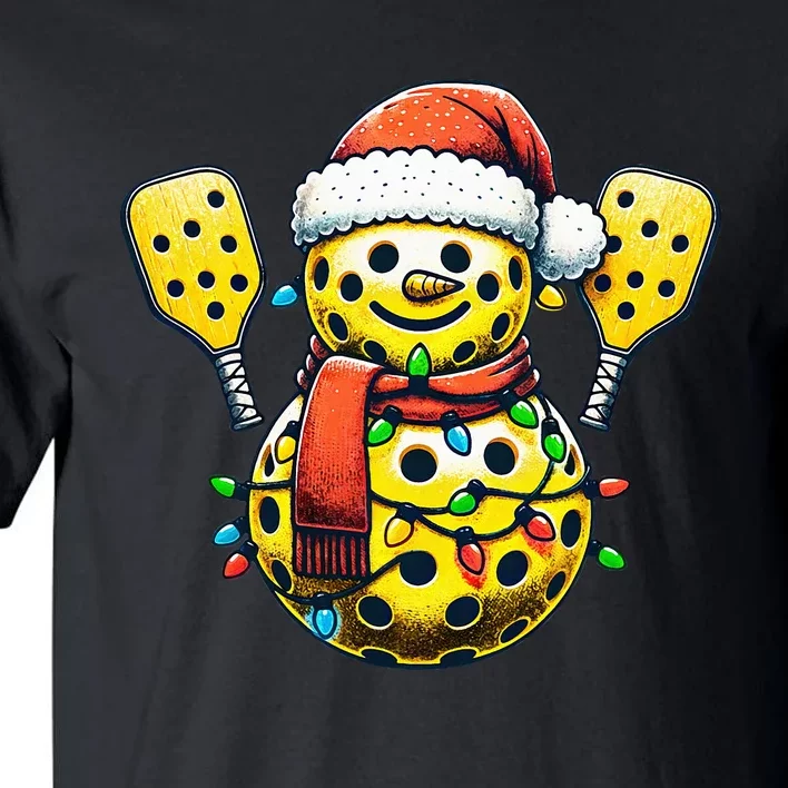 Pickleball Snowman Santa Hat Lights Christmas Pickleball Tall T-Shirt