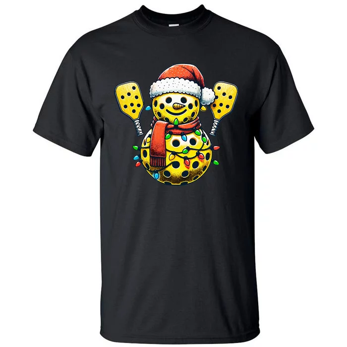 Pickleball Snowman Santa Hat Lights Christmas Pickleball Tall T-Shirt