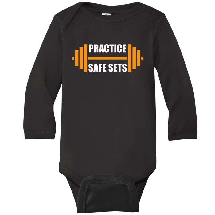 Practice Safe Sets Funny Weightlifting Baby Long Sleeve Bodysuit