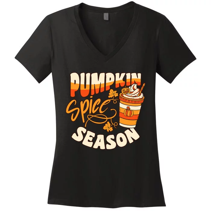 Pumpkin Spice Season Latte Coffee Fall Autumn Funny Women's V-Neck T-Shirt