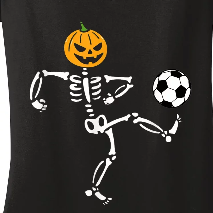 Pumpkin Skeleton Soccer Player Halloween Soccer Women's V-Neck T-Shirt