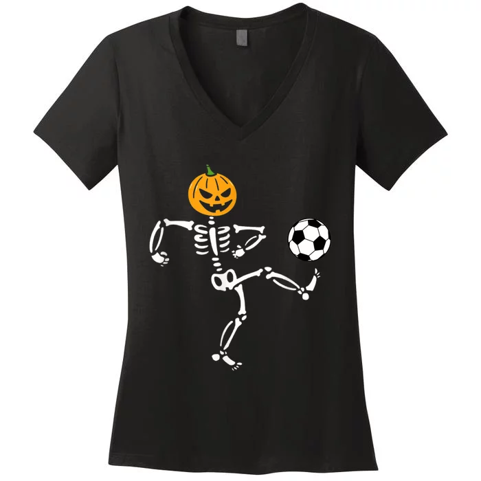 Pumpkin Skeleton Soccer Player Halloween Soccer Women's V-Neck T-Shirt