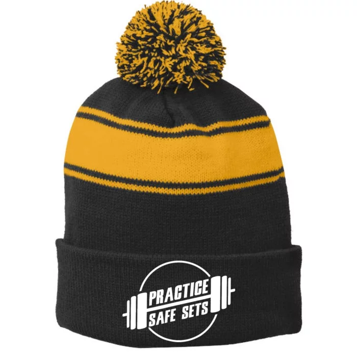 Practice Safe Sets Workout Fitness Motivation Gym Training Stripe Pom Pom Beanie