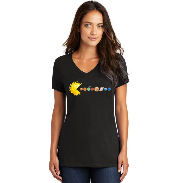 Planetary System Star Eating Planets Sun Funny Astronomy Women's V-Neck T-Shirt