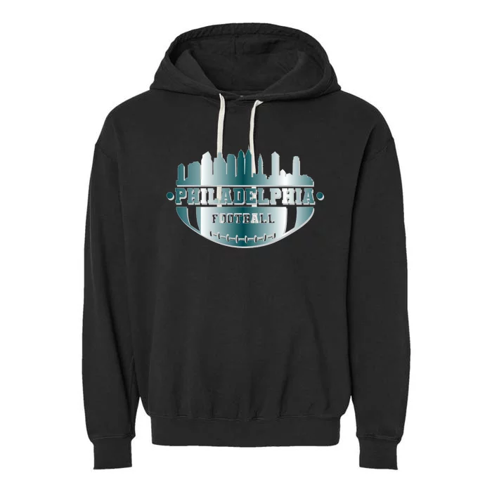 Philadelphia Skyline Shaped Into Football Garment-Dyed Fleece Hoodie