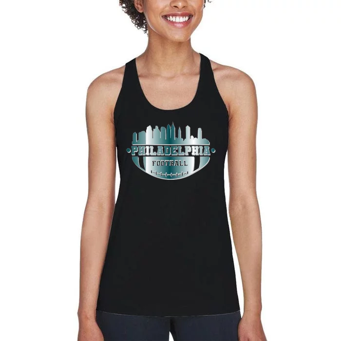 Philadelphia Skyline Shaped Into Football Women's Racerback Tank