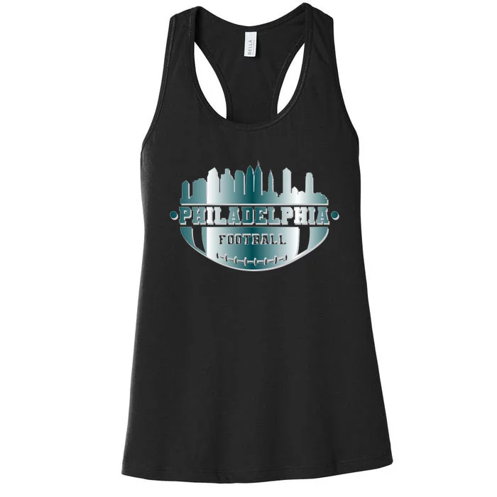 Philadelphia Skyline Shaped Into Football Women's Racerback Tank