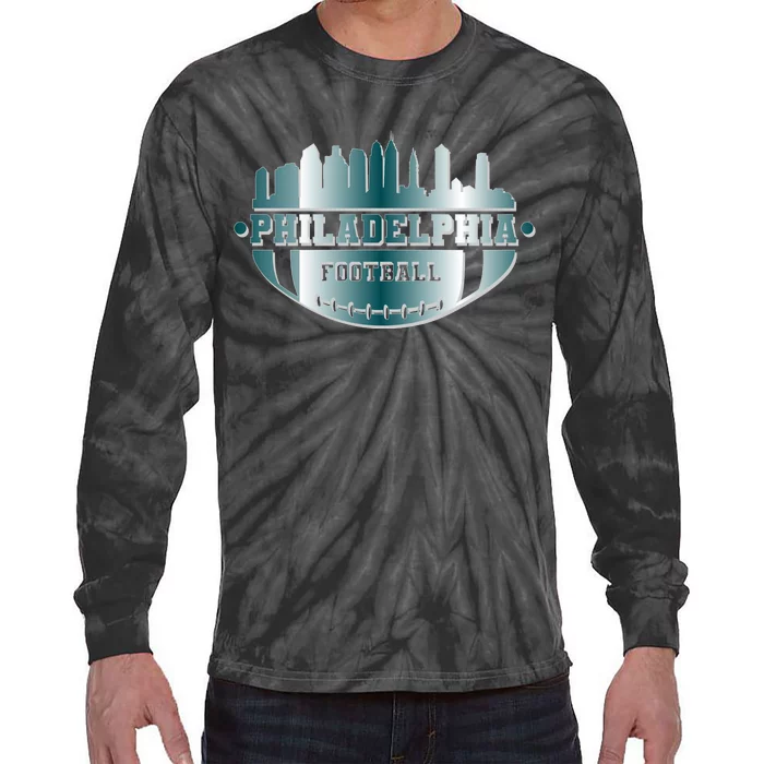 Philadelphia Skyline Shaped Into Football Tie-Dye Long Sleeve Shirt