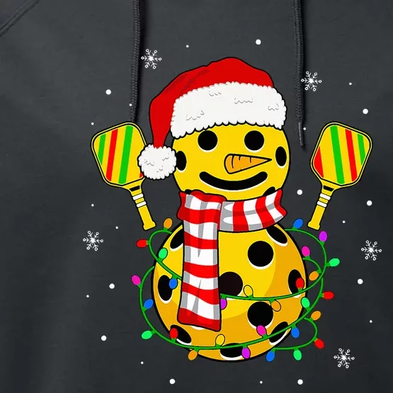 Pickleball Snowman Santa Hat Lights Christmas Pickleball Performance Fleece Hoodie