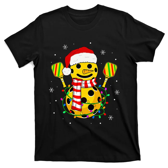 Pickleball Snowman Santa Hat Lights Christmas Pickleball T-Shirt