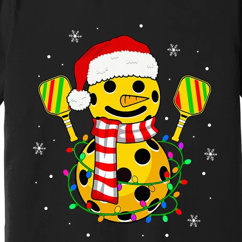 Pickleball Snowman Santa Hat Lights Christmas Pickleball Premium T-Shirt