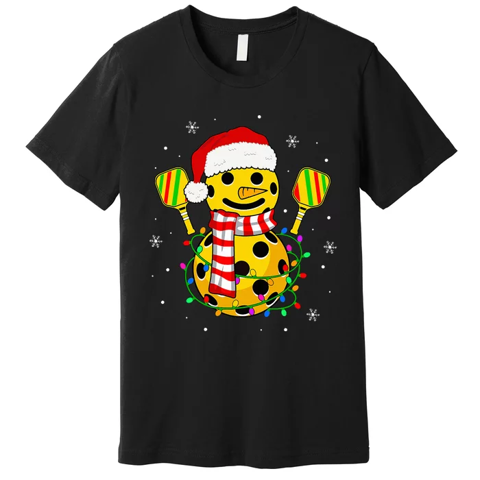 Pickleball Snowman Santa Hat Lights Christmas Pickleball Premium T-Shirt