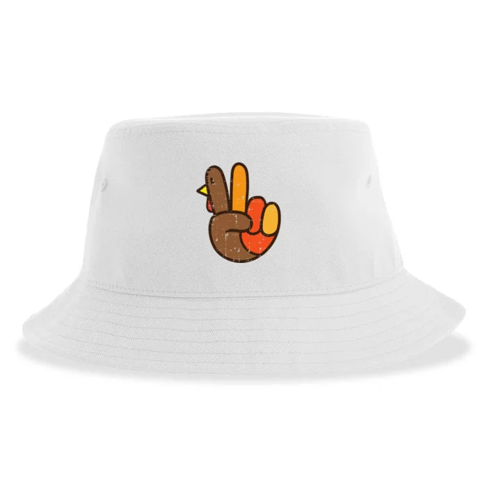 Peace Sign Turkey Hand Cool Thanksgiving Hippie Sustainable Bucket Hat