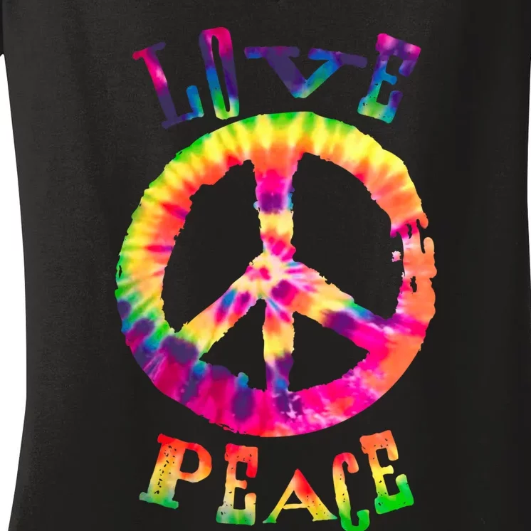 PEACE SIGN tee LOVE 60s 70s Tie Die Hippie Costume Women's V-Neck T-Shirt