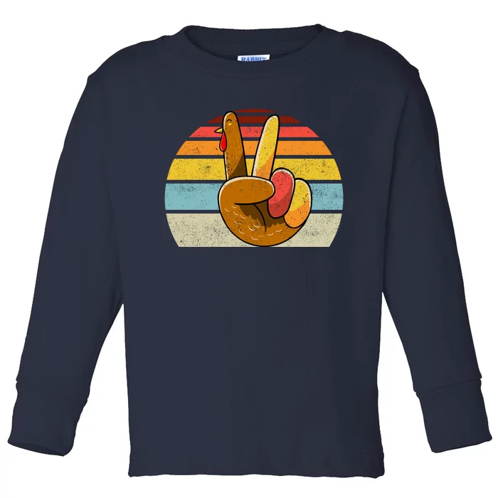 Peace Sign Turkey Hand Thanksgiving Retro Style Wo Girl Toddler Long Sleeve Shirt