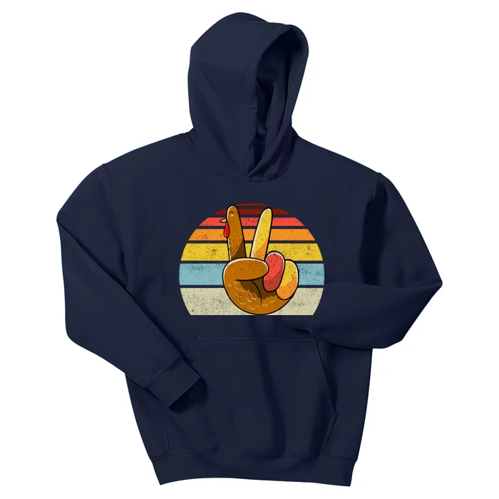 Peace Sign Turkey Hand Thanksgiving Retro Style Wo Girl Kids Hoodie