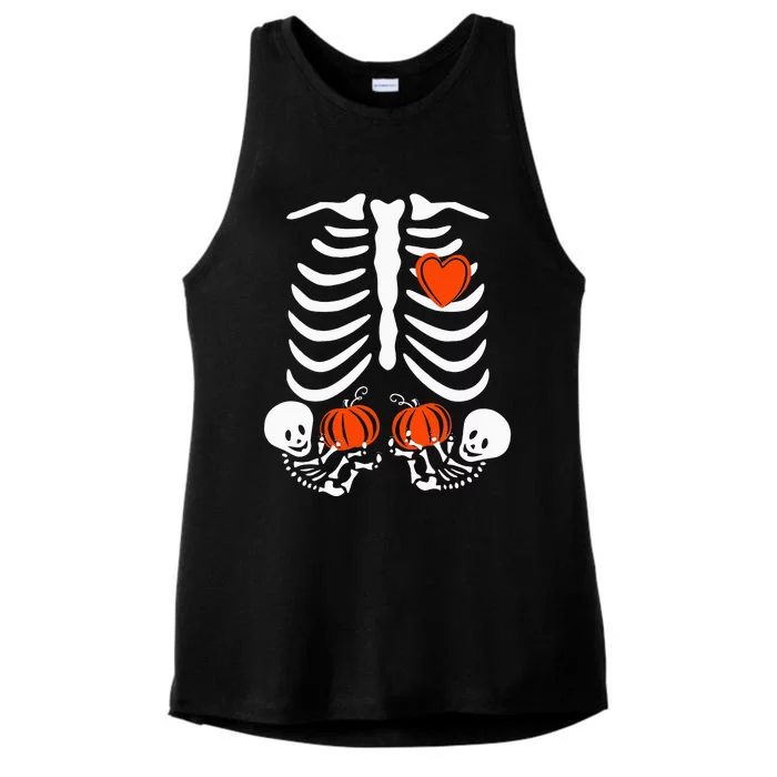 Pregnant Skeleton Twin Pregnancy Halloween Baby Announcement Ladies Tri-Blend Wicking Tank