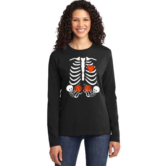 Pregnant Skeleton Twin Pregnancy Halloween Baby Announcement Ladies Long Sleeve Shirt