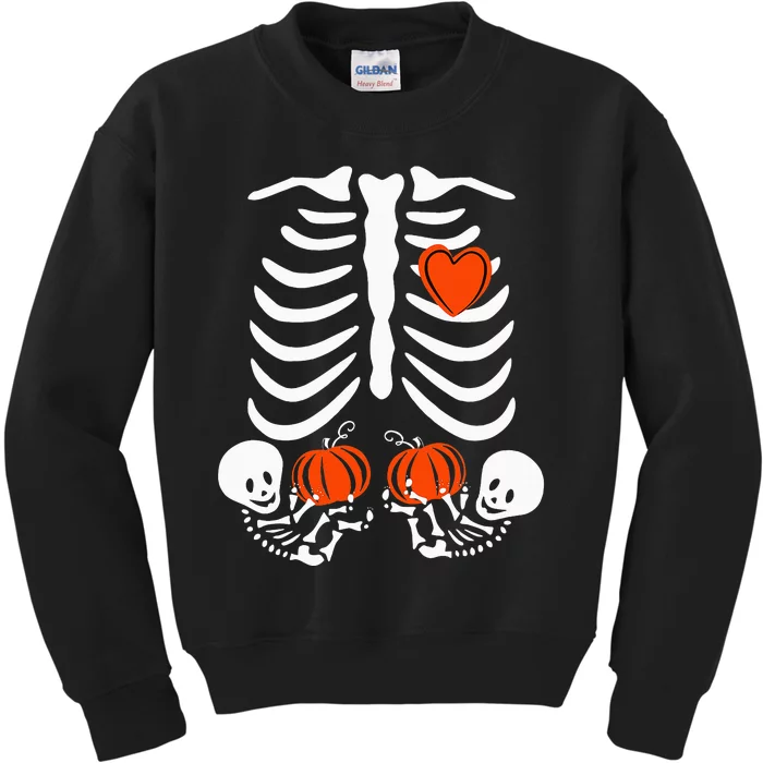 Pregnant Skeleton Twin Pregnancy Halloween Baby Announcement Kids Sweatshirt