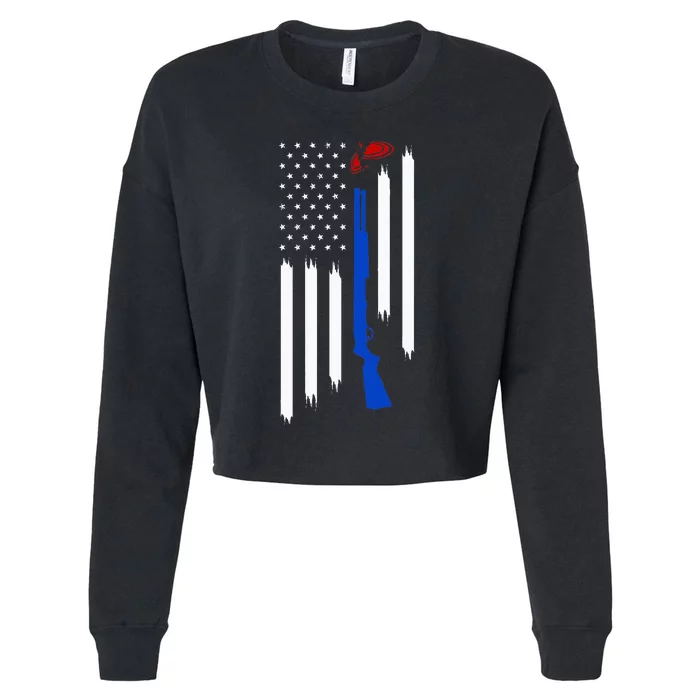 Patriotic Skeet Trap Clay Pigeon Shotgun Shooting USA Flag Cropped Pullover Crew