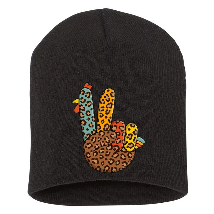 Peace Sign Turkey Hand Cool Thanksgiving Hippie Short Acrylic Beanie