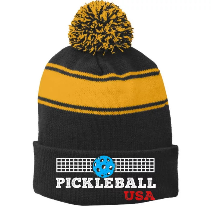 Pickleball Support The Team Pickleball Player USA Flag Stripe Pom Pom Beanie