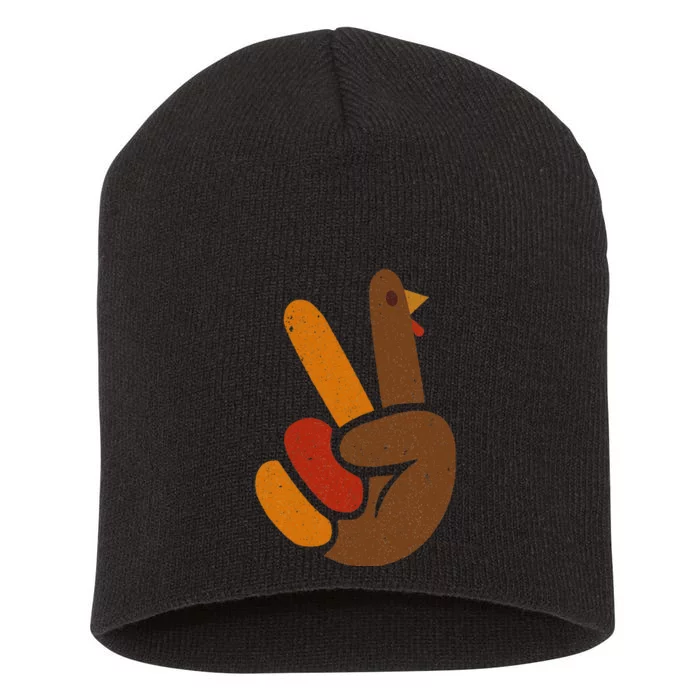 Peace Sign Turkey Hand Cool Thanksgiving Short Acrylic Beanie