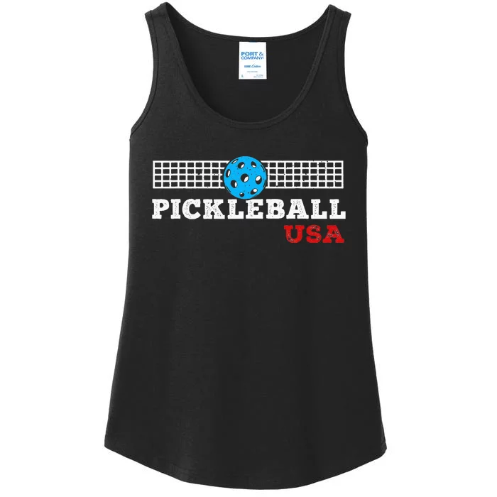 Pickleball Support the Team Pickleball Player USA Flag Ladies Essential Tank