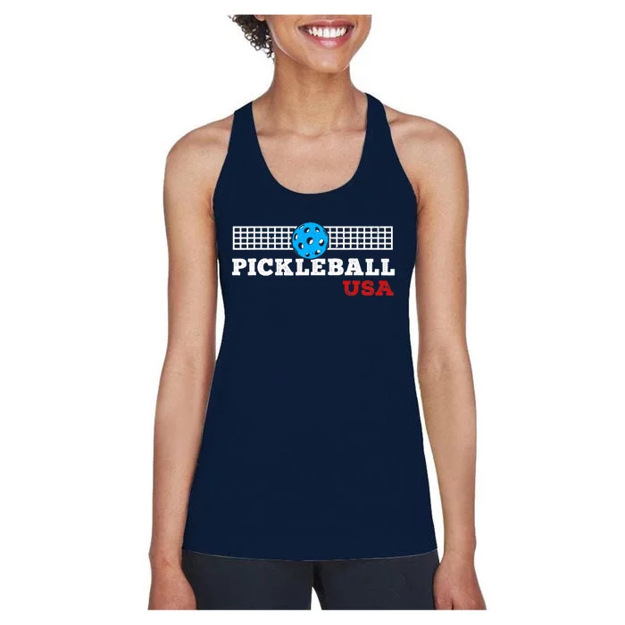 Pickleball Support The Team Pickleball Player USA Flag Women's Racerback Tank