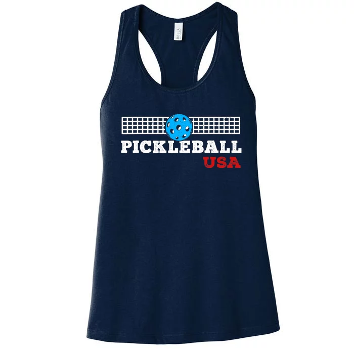 Pickleball Support The Team Pickleball Player USA Flag Women's Racerback Tank