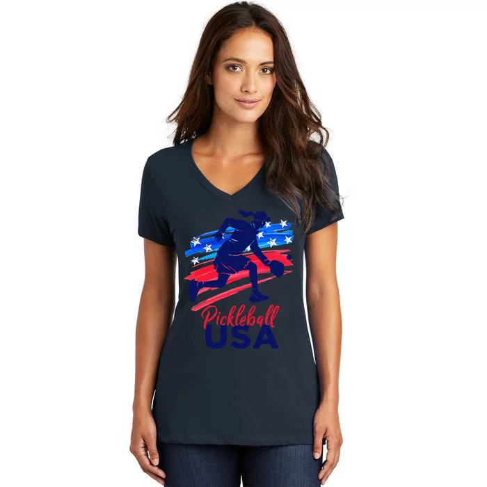 Pickleball Support The Team Pickleball Player Usa Flag Women's V-Neck T-Shirt