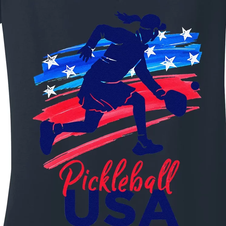 Pickleball Support The Team Pickleball Player Usa Flag Women's V-Neck T-Shirt