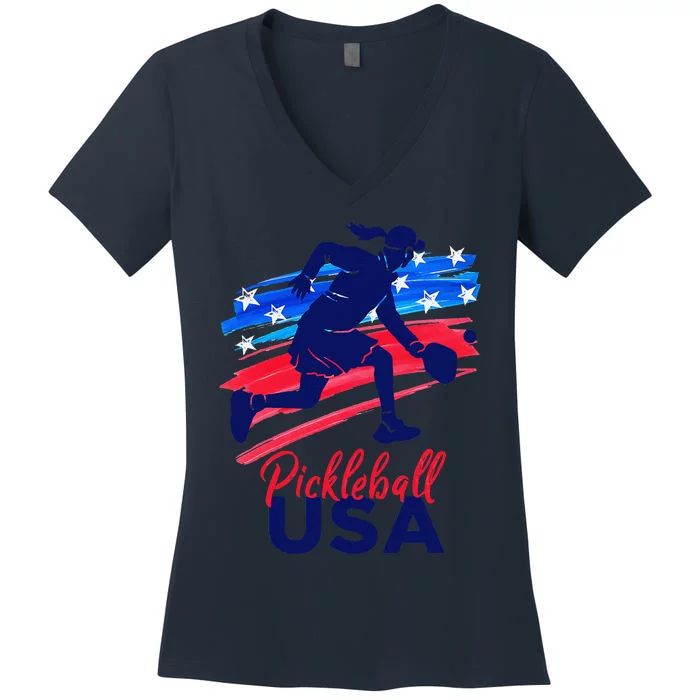 Pickleball Support The Team Pickleball Player Usa Flag Women's V-Neck T-Shirt